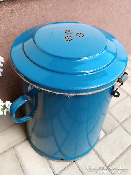 Large blue enameled grease cans