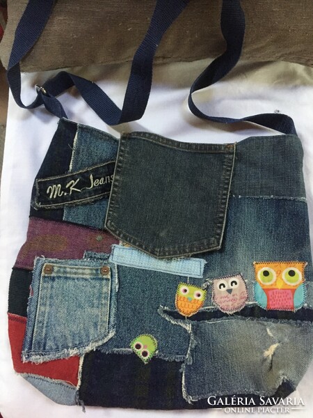 Canvas batyu, bag, with owl patchwork appliqué, youthful style