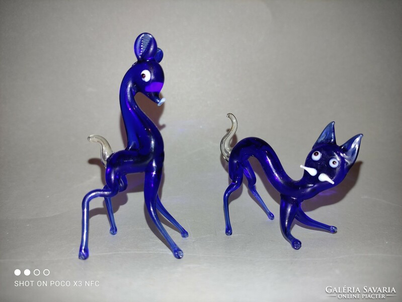 Muránói mini kék színű üveg állat figura kettő darab együtt cica őzike