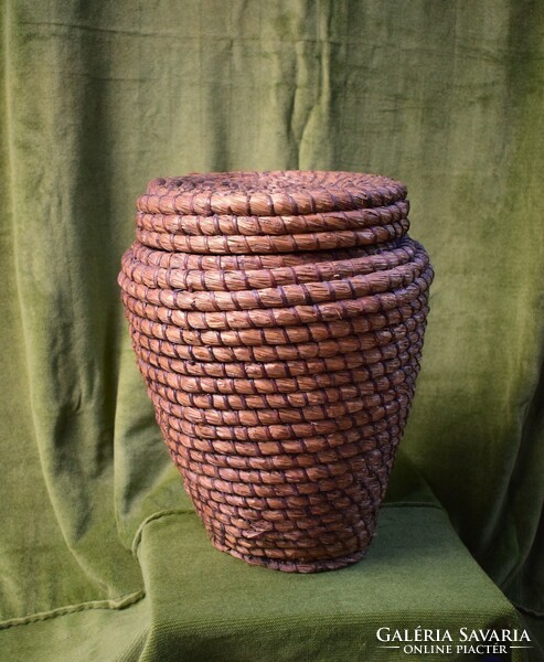 Old mat basket with lid, storage 36 x 48 cm