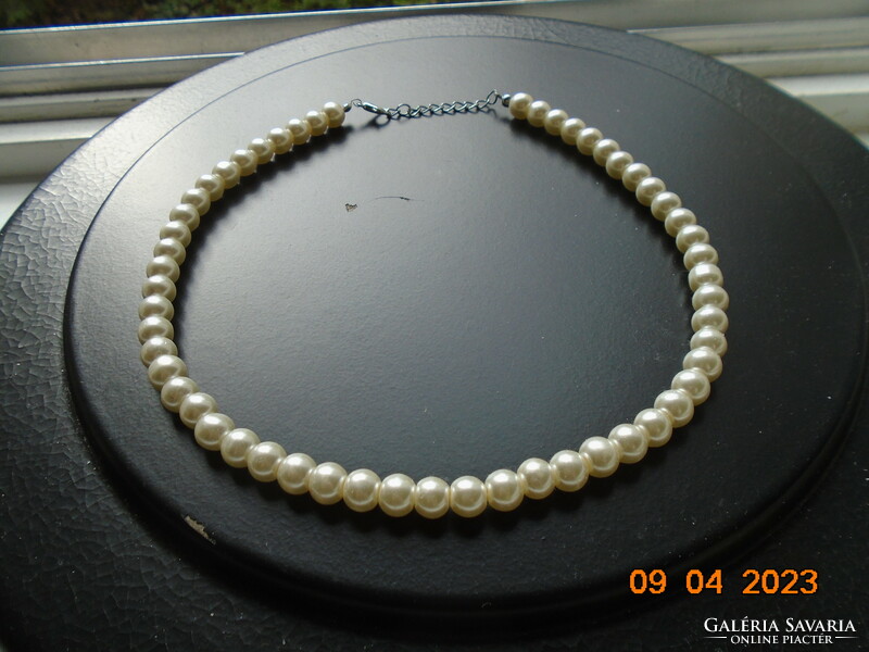 Larger tekla pearl necklace tightly strung, chain extension, metal clasp