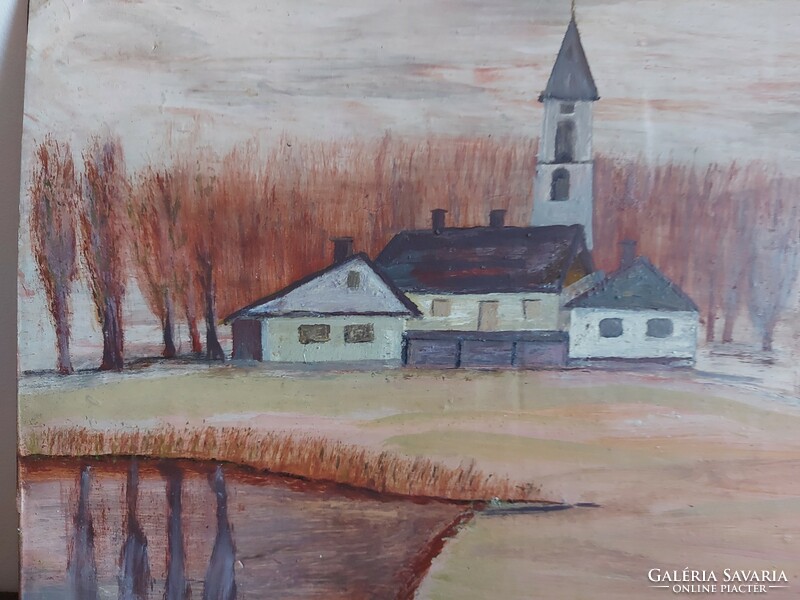 Unsigned painting - the artist is on a certain canvas ... Maybe - church, farm, small lake - 448