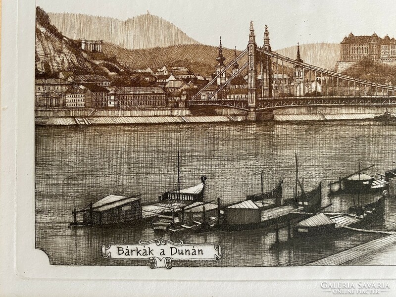 Gaál domokos: barges on the Danube - etching