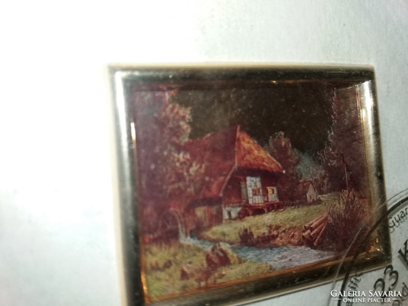 Régi 23 karátos aranylemezre festett falusi tájkép miniatúra a képek szerint