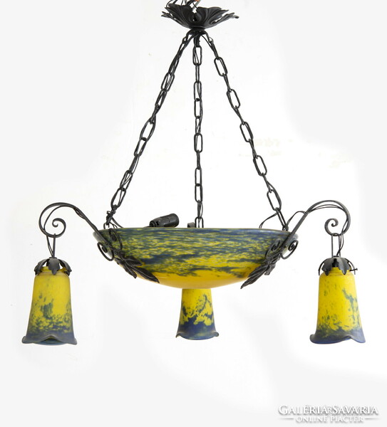 Secession iron chandelier with colored glasses