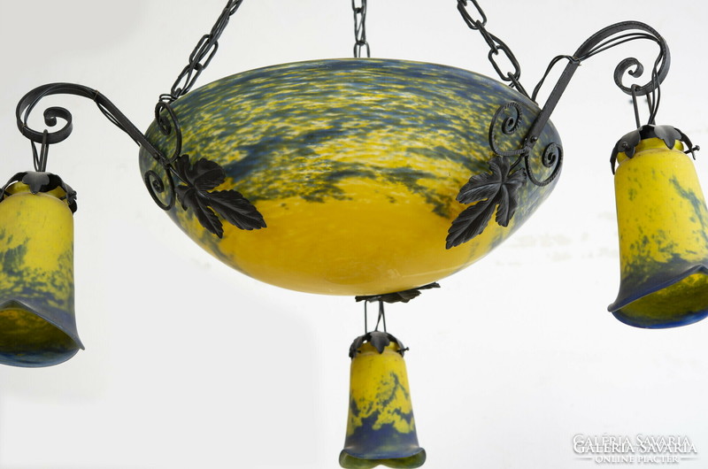 Secession iron chandelier with colored glasses