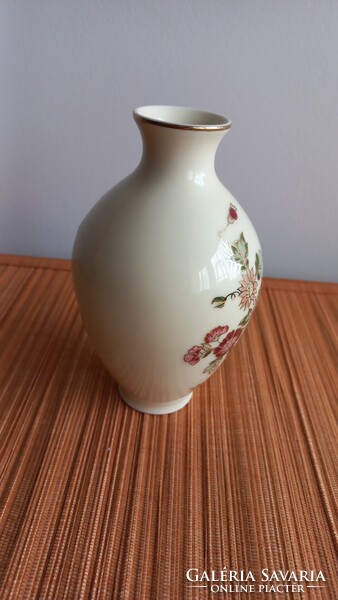 Zsolnay shield-stamped, numbered, hand-painted belly vase with butter-colored flower pattern, original, 15.5 x 9 cm