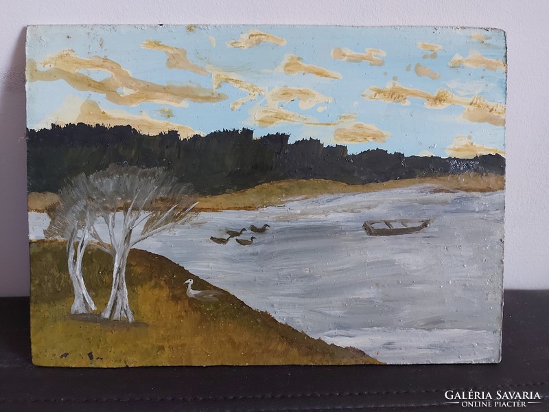 Unsigned painting - lakeside with ducks and fishing - 469