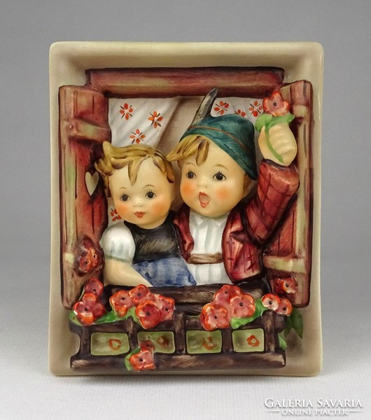 1L773 old hummel geranium window with children wall picture 12.5 X 10.3 Cm