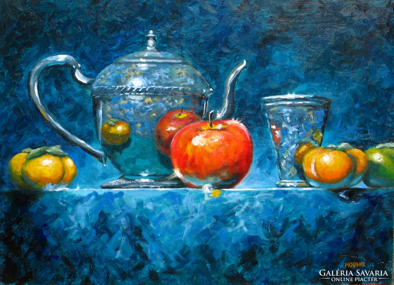 Moona: still life with silver original oil painting