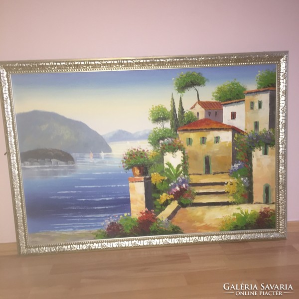 Large 60x80 Mediterranean oil painting depicting a beach 60x80