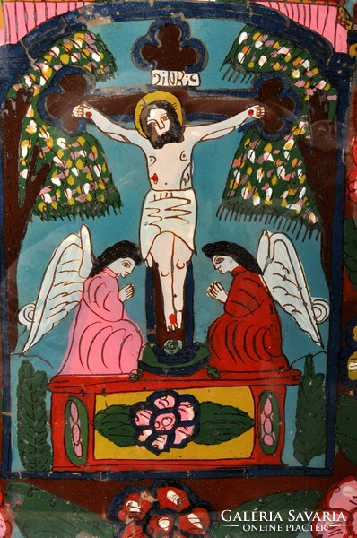 Antik erdélyi ( Füzesmikola ) üveg ikon Krisztus a kereszten két anyallal ábrázolva 38 x 28 cm