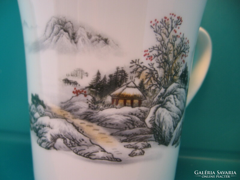 Japán otagiri  tájképes aranyozott teás kanna kínai fedeles, szűrős teás bögrével és csészével