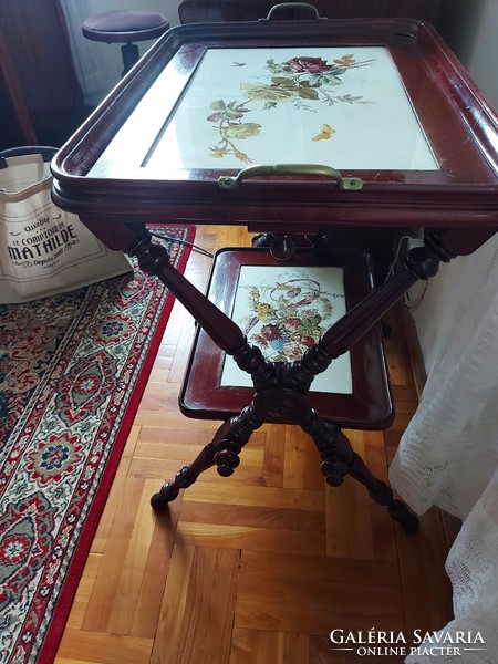 Cherry wood dining table with hand-painted porcelain inserts from Italy