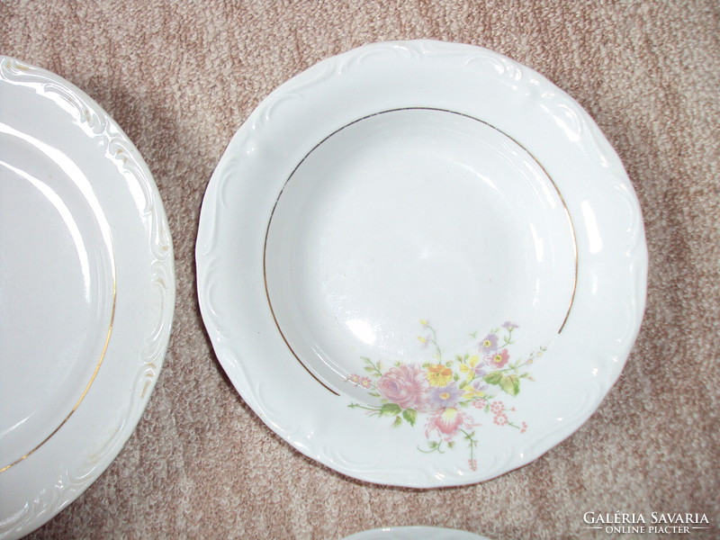 Retro old porcelain flat, deep cake plate with flower pattern 6 pieces Alba Julia Romania Regent