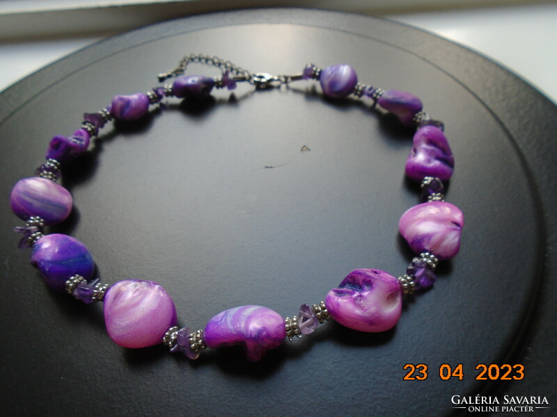 Special purple-pink pearl shell, necklace with amethyst and silver laced pearls