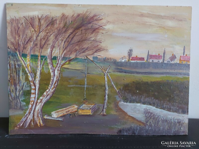 Unsigned painting - lake shore with trees, crane well, village in the background - 473