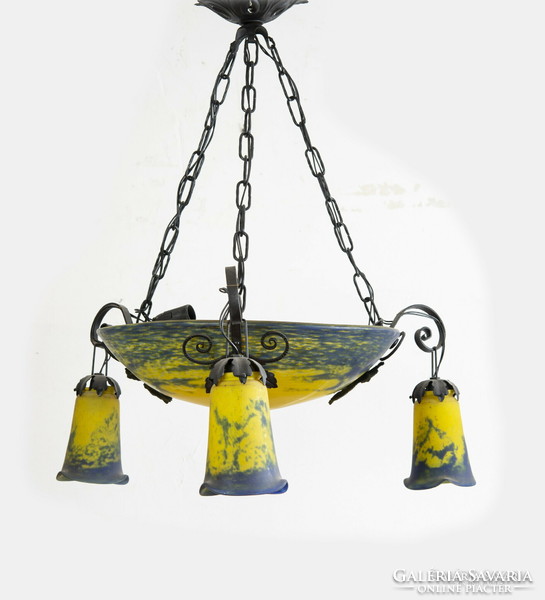Secession iron chandelier with colored glasses
