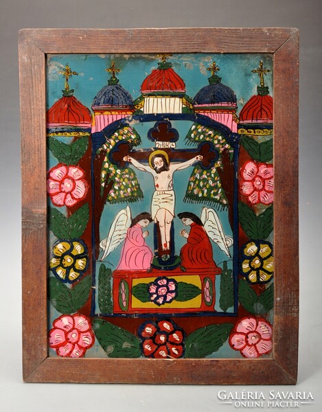Antik erdélyi ( Füzesmikola ) üveg ikon Krisztus a kereszten két anyallal ábrázolva 38 x 28 cm