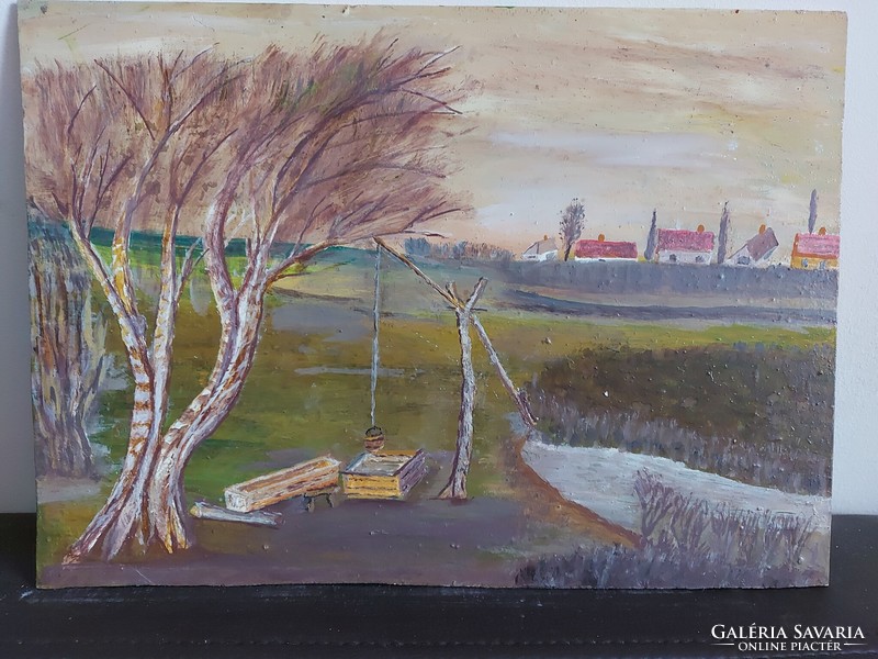 Szignálatlan festmény - Tópart fákkal, gémeskúttal, háttérben faluval - 473
