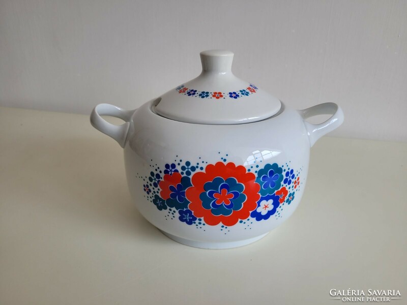 Retro Alföldi porcelán levesestál régi fedeles virágos kínáló füles tál