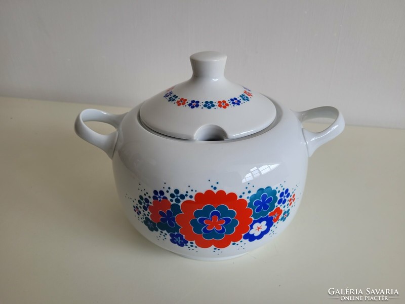 Retro lowland porcelain soup bowl, old lidded floral serving bowl with handle