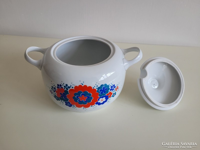 Retro Alföldi porcelán levesestál régi fedeles virágos kínáló füles tál