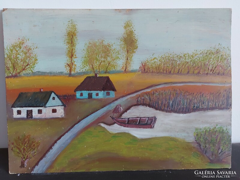 Szignálatlan festmény - Az alkotó egy bizonyos Kálmán ... lehet - faluszéle kis tóval kék házzal 458