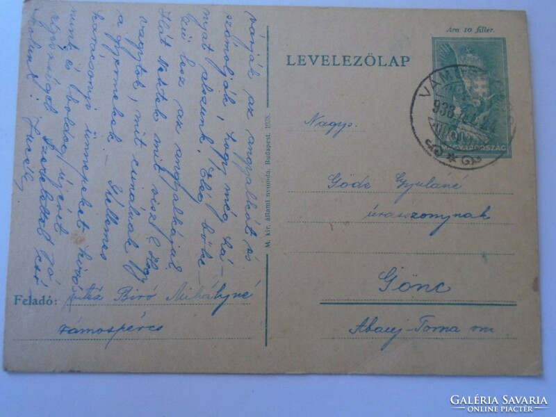 D195030 Régi díjjegyes levelezőlap-1938 Vámospércs - vitéz Bíró Mihályné - Göde Gyuláné GÖNC