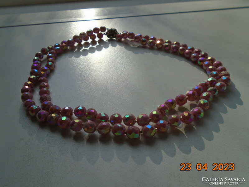 Special iridescent pink faceted crystal beads double row necklace with decorative stone clasp