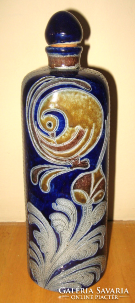 Handmade westerwald cobalt ceramic bottle with bird motif