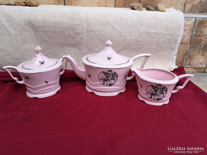 Gyönyörű rózsaszín pillangó mintás teáskészlet csésze Epiag Czechoslovakia tányér teáskanna tejszín