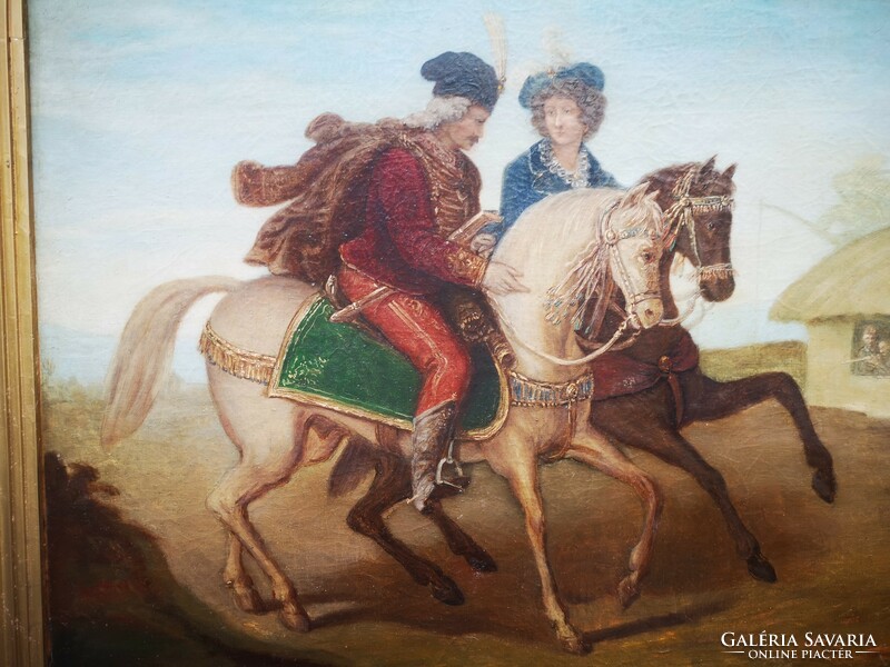 Antik Biedermeier lovas Nemes úr, hölgy tájkép 1800-as évek Dísz magyar mente