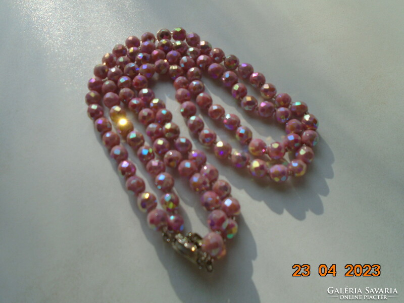 Special iridescent pink faceted crystal beads double row necklace with decorative stone clasp