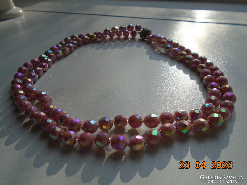 Special iridescent pink faceted crystal beads double row necklace with decorative stone clasp