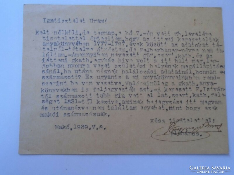 D195028 Régi díjjegyes levelezőlap-1939 MAKÓ Szt. István király Plébánia- Felberbauer  család