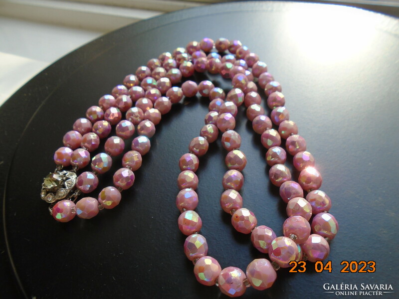 Special iridescent pink faceted crystal beads double row necklace with decorative stone clasp