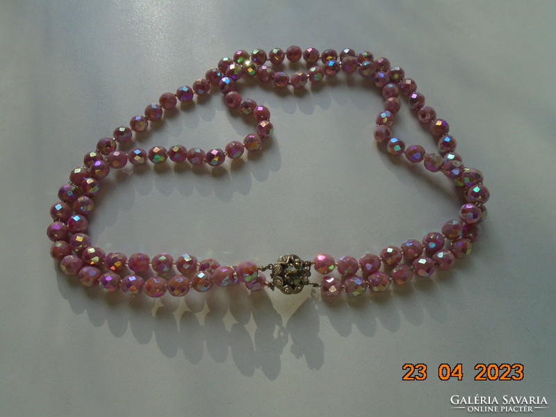 Special iridescent pink faceted crystal beads double row necklace with decorative stone clasp