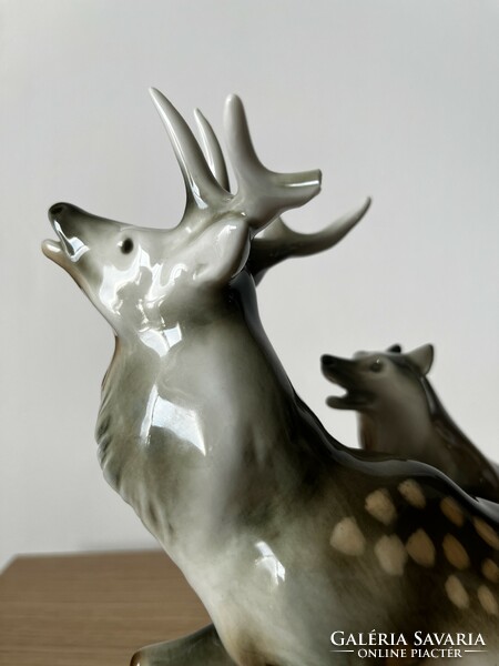 Royal dux porcelain - deer and wolf, large size