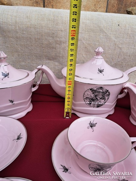Gyönyörű rózsaszín pillangó mintás teáskészlet csésze Epiag Czechoslovakia tányér teáskanna tejszín