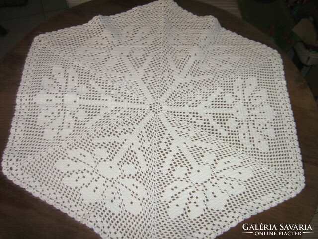 Beautiful white antique hand-crocheted floral hexagonal tablecloth