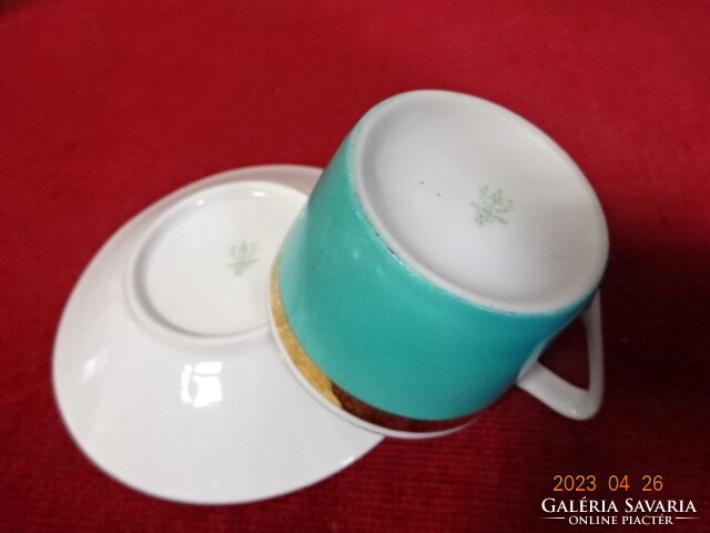 Ravenclaw porcelain, coffee set for two, beautiful green with gold stripes. Jokai.