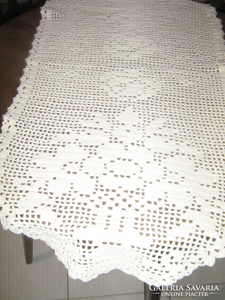Beautiful off-white antique hand-crocheted floral tablecloth runner