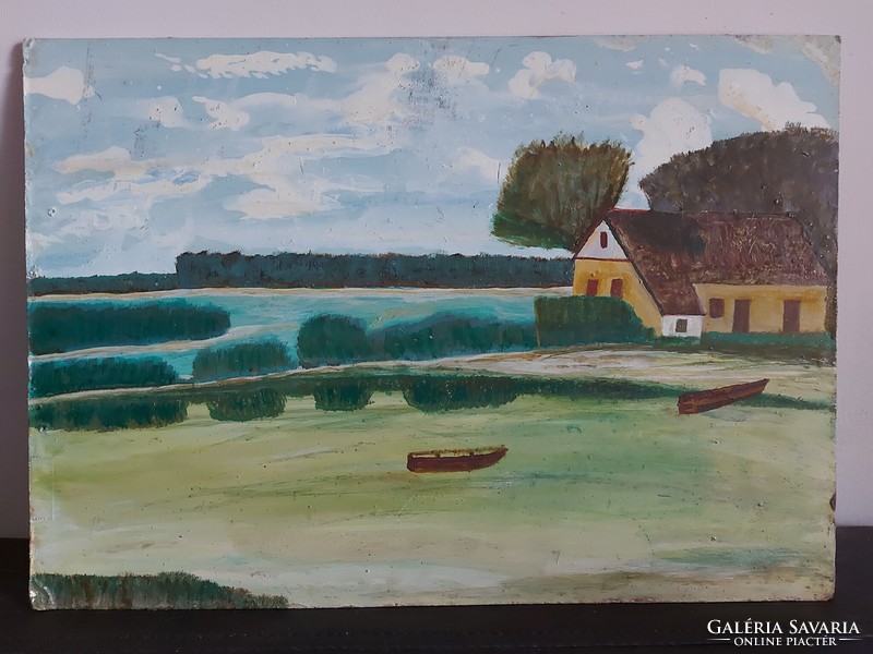 Szignálatlan festmény - Az alkotó egy bizonyos Kálmán lehet - Táj-tóparti ház-csónakok- 482