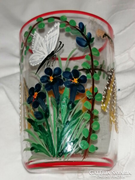 Old hand-painted butterfly bieder glass cup