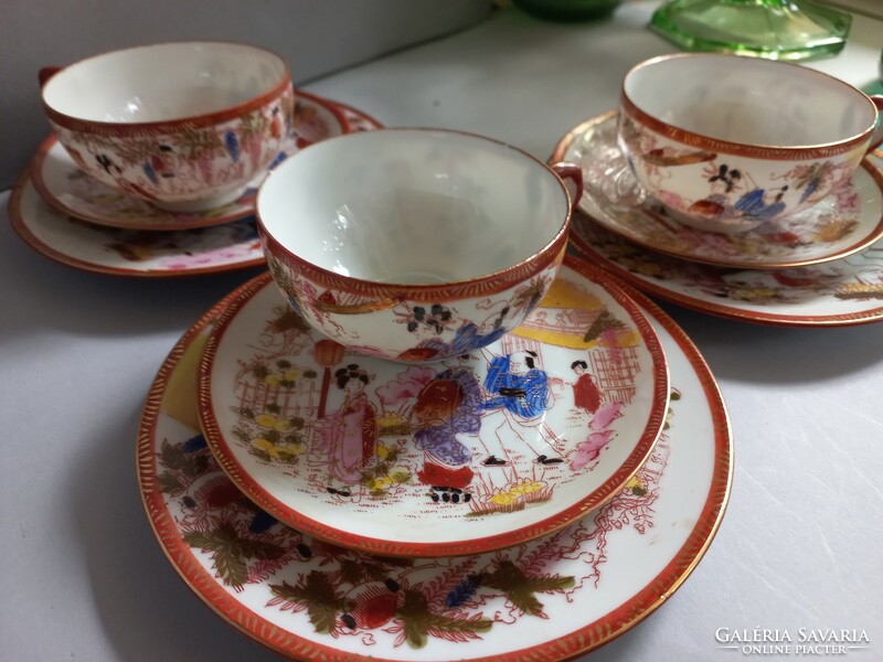 Japanese eggshell breakfast set with geisha print, cup and small plates