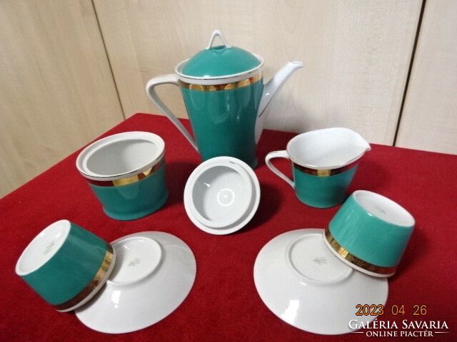 Ravenclaw porcelain, coffee set for two, beautiful green with gold stripes. Jokai.