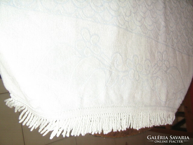 Antique printed flower pattern fringed light blue towel