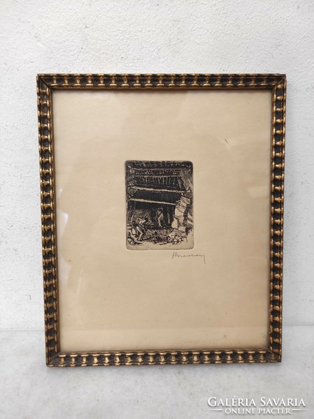 Antique miner caver copperplate print signed graphic in frame 236 7003