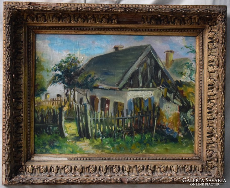 Farm world, cheerful country oil painting 42.5 x 31 cm + frame, which is faulty, framed picture